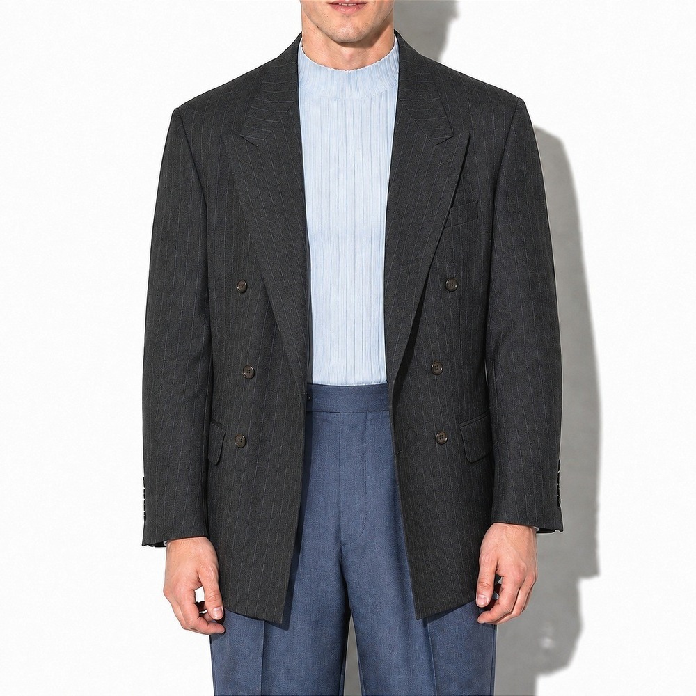 Vintage Oscar de la Renta Pinstripe Blazer 44R Gray Peak Lapel Double Breasted